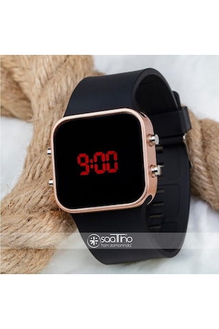 Unisex Rose Renk Siyah Silikon Kordon Dijital Led Kadın Kol Saat St-303697