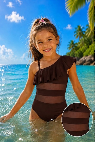 My Kids Wear Kız Çocuk Fırfır Ve Tül Detaylı Tek Parça Mayo. 12839 Kahverengi