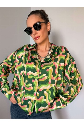 Ali Butik Retro Yeşil Desenli Saten Gömlek Yeşil