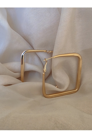 Kare Model Halka Gold Renk Çelik Küpe 5,5cm Altın