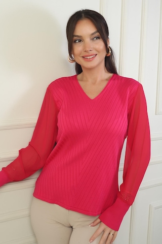 By Saygı Kadın Kolları Şifon V Yaka Kazak-39605 Fuşya