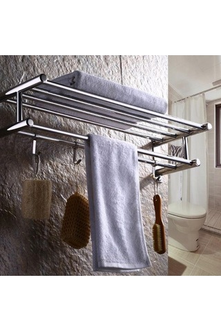 Novahub Çift Katmanlı Banyo Rafları, 4 Kancalı Havluluk, Duvara Monte, 23cm, Pratik Banyo Askısı Gümüş