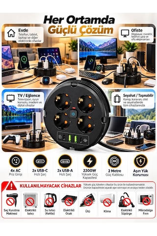 4'lü Akım Korumalı Çoklu Priz 2200w 1050j 2 Usb 2 Type-c 10a 2m Sarılabilir Kablolu 0.2 M