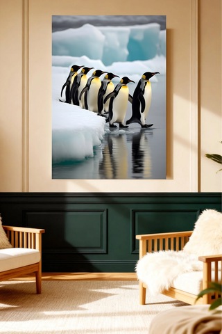 Penguen Ailesi Karlı Manzara Tablo - Antarktika Penguenleri Grup Portresi Duvar Sanatı