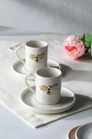 2 Kişilik Beyaz Porselen Arı Kahve Fincan Takımı Sunum Fincanı Beyaz