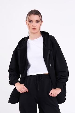Comeor Siyah Kanguru Cepli Kapüşonlu Fermuarlı Oversize Kadın Sweatshirt 001
