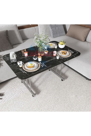 Metal Ayaklı Tekerlekli Ekonomik Orta Sehpa 70 X 110 Cm Siyah Mermer Siyah Mermer