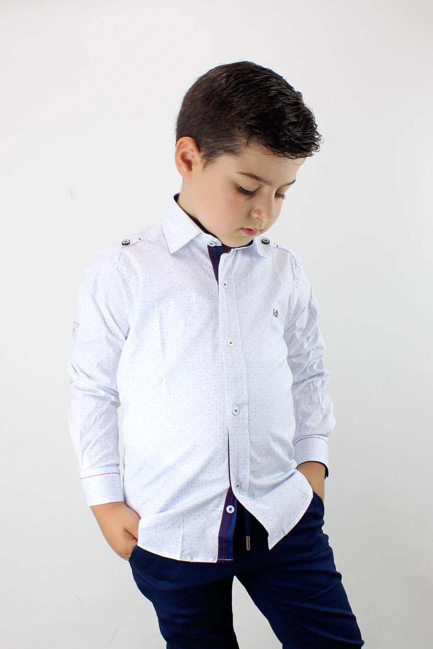 Doctor Junior Erkek Çocuk Kendinden Desenli Uzun Kol Gömlek Beyaz