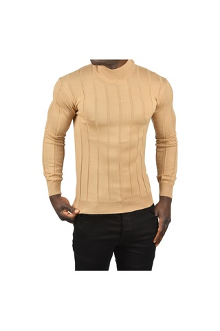 Deepsea Erkek Camel Slim Fit Likralı Tüylenme Yapmayan Yarım Balıkçı Çizgili Triko Yarım Boğazlı Kazak 2505503 Camel