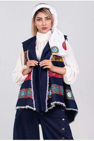 Gereh Style Kadın Lacivert El Yapımı Özel Tasarım Nakış Detay Bohem Tarz Denim Yelek Çok Renkli