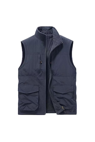 Snapbuy Kışlık Çift Taraflı, Çok Cepli, Bol Kesimli, Kalın Peluşlu Erkek Yeleği Lacivert