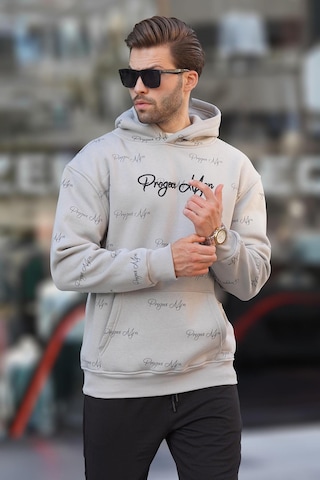 Madmext Boyalı Gri Baskılı Kapşonlu Cep Detaylı Erkek Sweatshirt 7075 Gri