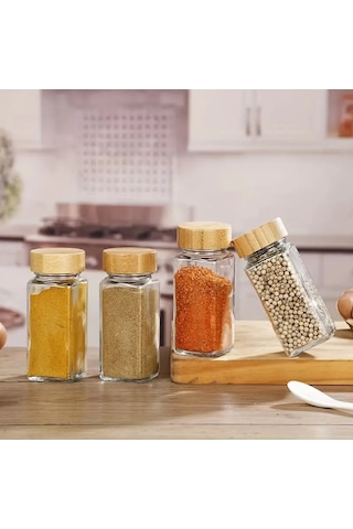 12 Li Kare Baharatlık, Bambu Kapaklı Serpme Başlıklı Baharatlık Bambu