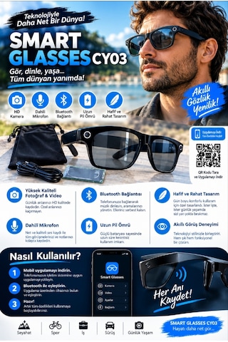 Cy03 Kameralı Akıllı Gözlük - Bluetooth Hd Fotoğraf Video Çekimi - Müzik - Telefon Görüşmesi - Sesli Asistan