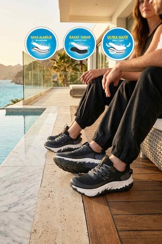Walkway Siyah Beyaz Fileli Hafif Esnek Hafızalı Taban Unisex Spor Ayakkabı Flystep G Siyah - Beyaz