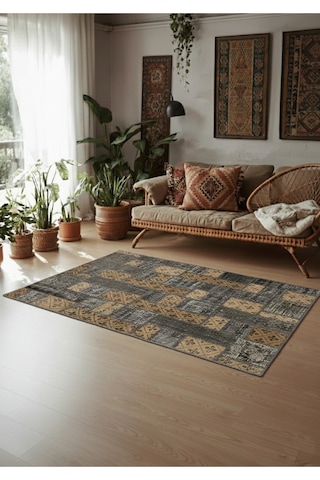 Modern Retro Stil Vintage Halı Özel Tasarım Patchwork Koleksiyonu Çok Renkli