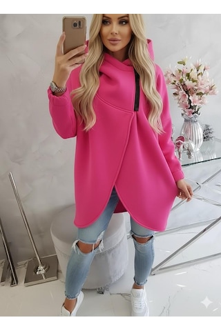 Pembe Kadın Asimetrik Fermuarlı Oversize Kapüşonlu Sweatshirt Kalın Kumaş Rahat Günlük Tarz Pembe
