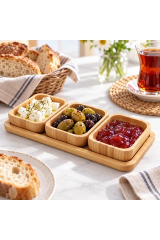 Bambu 3'lü Kahvaltılık Ve Sosluk Sunum Seti, Tepsili Doğal Ahşap Servis Takımı, 3 Kase Ve 1 Sunum Tepsisi Çok Renkli