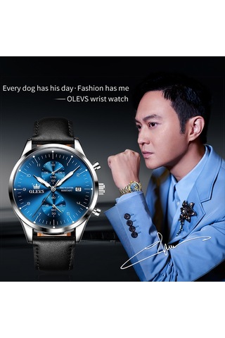 Olevs 2880 Erkekler Çok Fonksiyonlu İş Su Geçirmez Deri Kayış Kuvars İzle Mavi