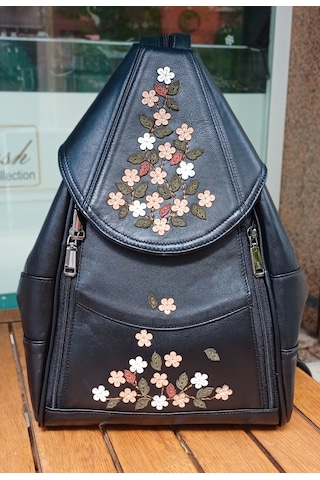 Durush Collection Hakiki Deri, Tasarım El İşlemesi Siyah Çiçekli Sırt Çantası