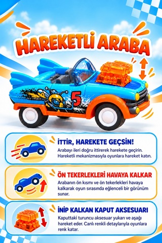 Eğlenceli Araba İt Gitsin Mekanizmalı Ön Tekerleri Kalkan 12 Cm Haraketli Aksesuarlı Oyuncak Araba