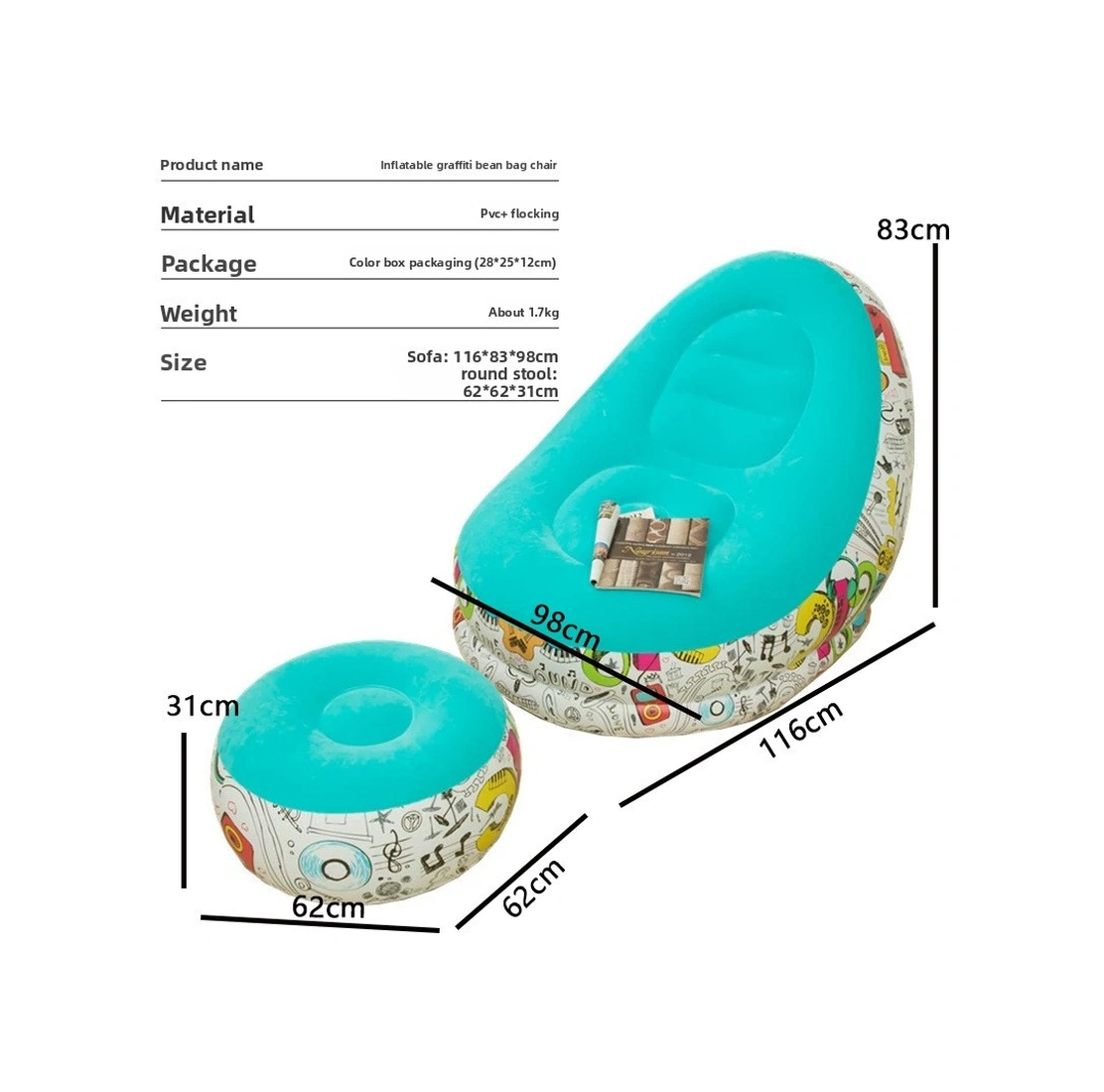 Şişme Lazım Koltuk Ayaklı Set Katlanır Peluş Pvc Salon Şezlong Seti Makaron Mavi 116 98 83cm 1.8kg MAVI