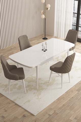 Mazaka Beyaz 80x132 Açılabilir Mdf Masa Yemek Odası Takımı, Mutfak Takımı 4 Adet Sandalye Cappucino