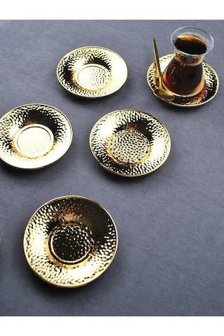 Qualitev 6 Adet Metal Çay Tabağı Dövme Desenli Çay Tabak 10 Cm Altın