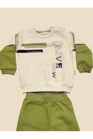Mini World Erkek Çocuk Kalın Pamuklu Bel Paça Lastikli Eşofman Takım-14656 Yesil
