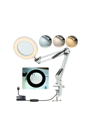 Neoglint Beyaz 8x Büyüteçli Neoglint Esnek Kelepçeli Masa Lambası