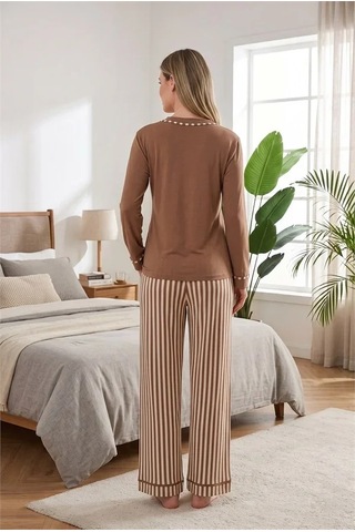 Go İthalat Kadın Şık Tasarım V Yaka Biyeli Viskon Geniş Paçalı Çizgili 2'li Loungewear Pijama Takımı Kahverengi