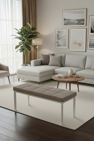 Vena 105x40 Bench - Babyface Kumaş Çımalı Döşeme Puf Bench Beyaz Ayaklı Cappuccino