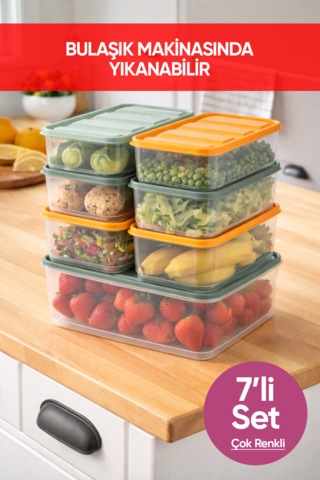 Vinoa 7'li 1x3.5 Litre + 6x1.65 Litre Bpa Free Mikrodalga Ve Difrize Uygun Yıkanabilir Saklama Kabı Çok Renkli