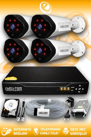 Elitcam 4 Kameralı Uzay 4 Dış Kamera Set 320 GB HDD Full HD Gece Görüşlü Güvenlik Kamerası Sistemi