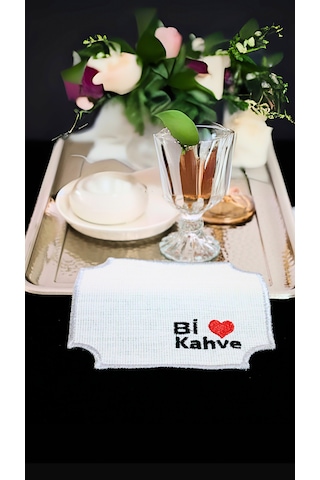 6'lı Gümüş Bi Kahve Desenli Linen Keten Kahve Yanı Sunum Peçetesi