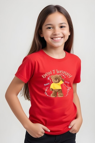 Panios Kids Worry Bear Baskılı Kız Çocuk Kısa Kollu T-shirt Kırmızı