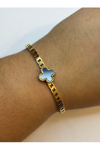 Kadın Tek Lacivert Renk Yonca Model Çelik Bilezik Gold