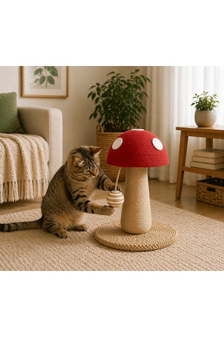 Pureza Kırmızı Mantar Tasarımlı Kedi Tırmalama Ve Oyuncak Standı Interaktif Kedi Oyuncağı