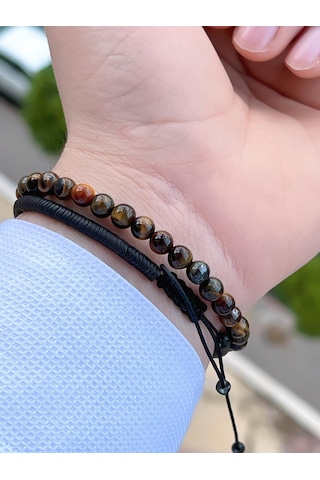 Nursaat Doğal Taş Özel Kombin Kaplan Gözü Ve Karlı Obsidyen Taşı Doğal Unisex Bileklik Blkt.ns07 2 Adet Çok Renkli