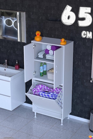 Deniz Kirli Sepetli Ve Kapaklı Raflı, Çok Amaçlı Banyo Dolabı - 65 X 138 X 32,5 Cm 65 Cm