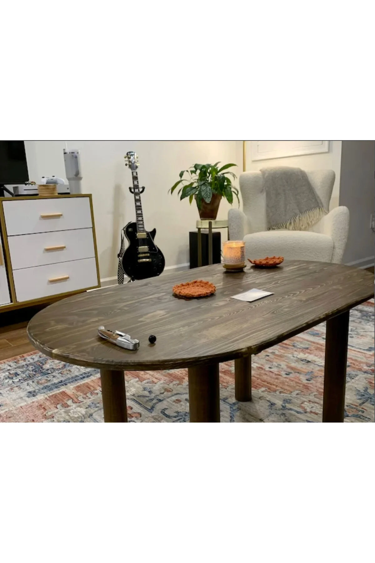 Furnirem Masif Çam Ahşap Oval Orta Sehpa Modern Salon Sehpası 76x45 Cm Koyu Ceviz