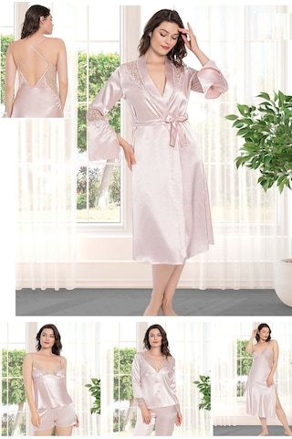 Alissa 8650 Kadın Çeyizlik Dantelli Saten 6'lı Set -pudra Pudra