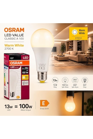 Osram Led Value Classic A100 E27 Led Ampul 13w 1521 Lümen 100w Eşdeğeri Uzun Ömürlü Enerji Tasarruflu Ampul 10'lu Diğer