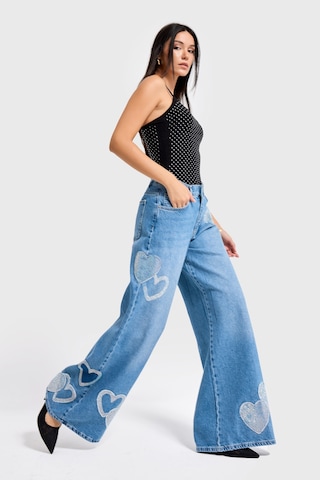 it's basic Kadın Kot Rengi 2s54 Parlak Taşlı Kalp Detaylı Bol Kesim Tasarım Denim Jean Mavi