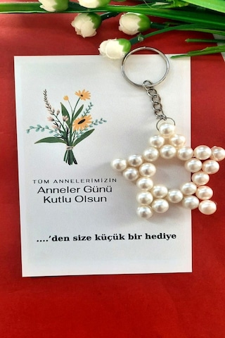 Anneler Günü için Çiçek Buketi Kartlı İnci Yıldız Anahtarlık 20 Adet