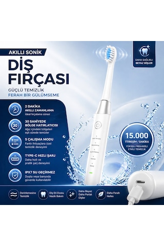 Akıllı Sonik Diş Fırçası 15000 Titreşim/dk 5 Mod Type-c Şarj Ipx7 Su Geçirmez Şarjlı Elektrikli Diş Fırçası