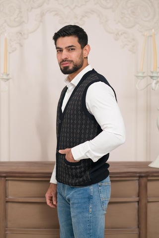 Woolen World Regular Fit Ön Cepli Desenli Kolsuz Erkek Triko Yelek Lacivert