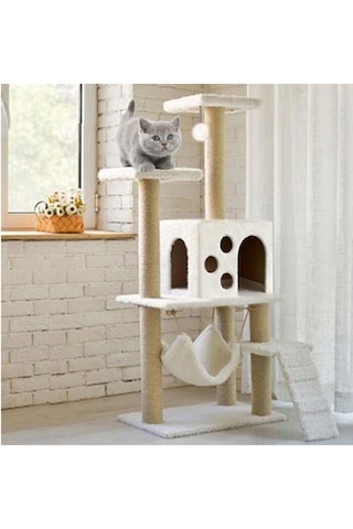 Reyo Pet B-10 Hamaklı Yuvalı Lüx Kedi Tırmalama Oyun Evi Beyaz
