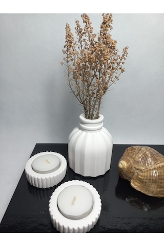 İnce Çizgili Vazo - Modern & Minimal Dekoratif Obje, Salon Ve Ofis Çiçeklik, Beyaz Beyaz