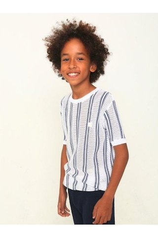 Nanica Kids Erkek Çocuk Çizgili Delikli Triko Kumaş T-shirt-14104-beyaz Lacivert Beyaz - Lacivert
